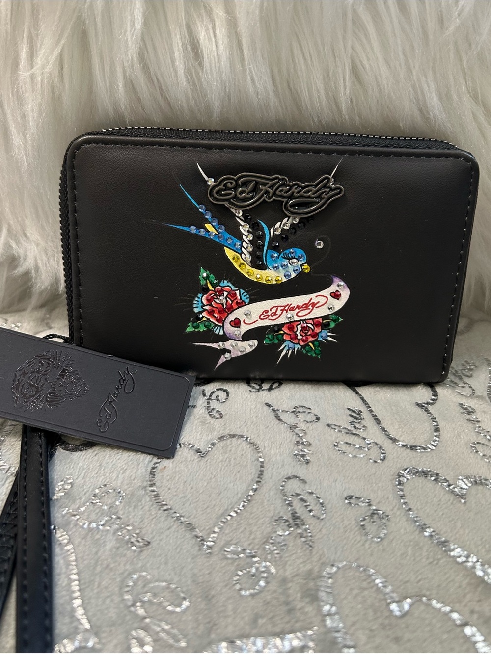 NWT Ed Hardy Large Black Zip-Around Wallet with Swallow & Rose Design